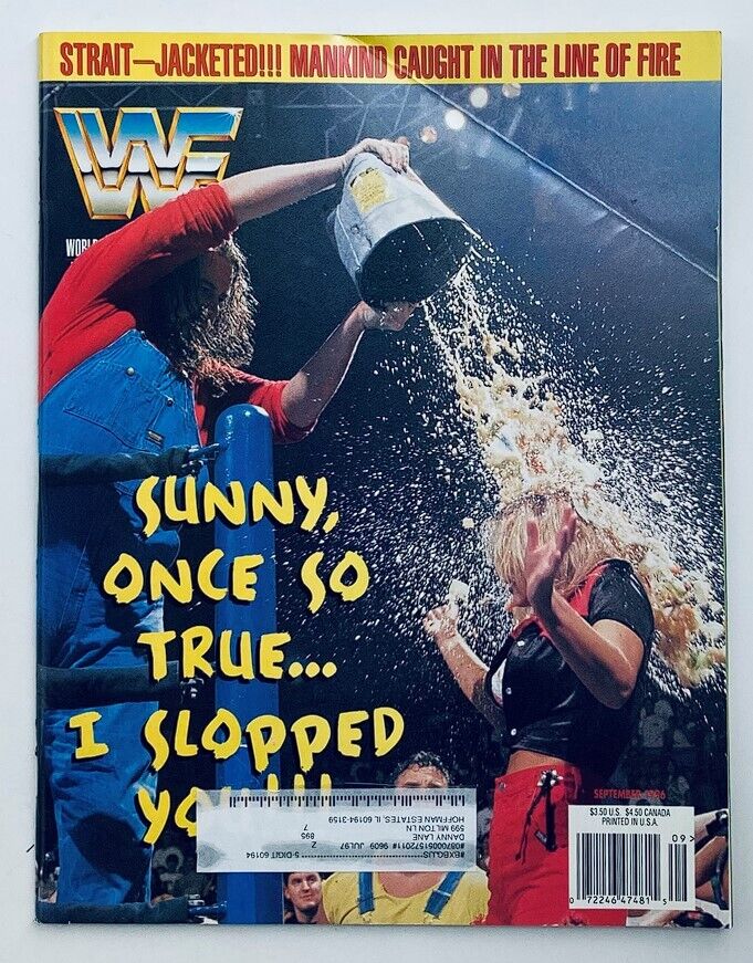 WWF World Wrestling Federation Magazine September 1996 cover featuring Sunny, showcasing a dramatic wrestling scene with members involved in a playful act, titled 'Sunny, once so true... I slopped you!!' This vintage magazine is a collectible piece of wrestling history.