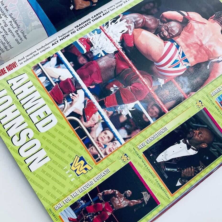 WWF World Wrestling Federation Magazine September 1996 with content about Ahmed Johnson, displaying vibrant imagery of his wrestling moves and fan interactions, emphasizing the magazine's collectible value.