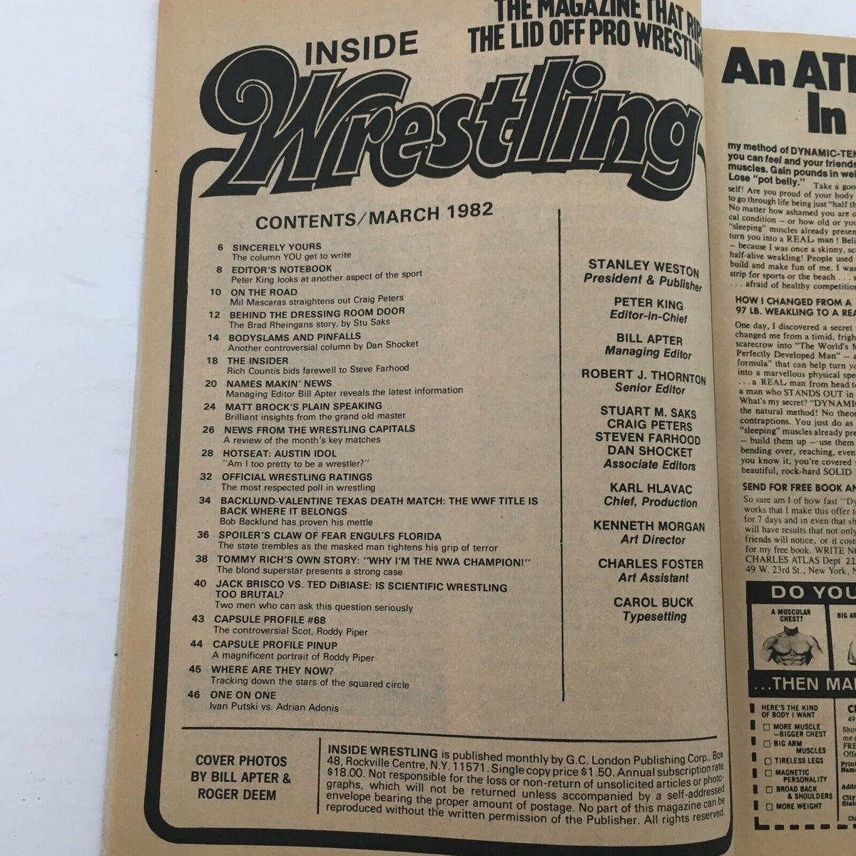 Inside Wrestling Magazine March 1982 contents page detailing articles including the Backlund-Valentine Texas Death Match, offering insights into wrestling history.
