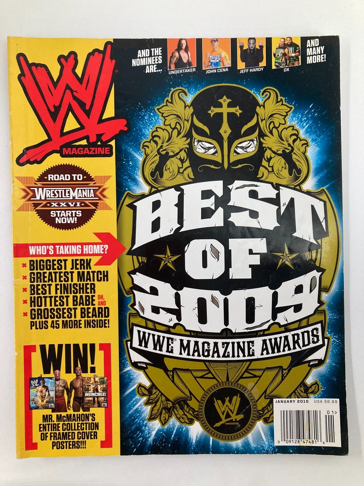 WWE Magazine January 2010 Issue featuring Best of 2009 WWE Magazine Awards with colorful cover artwork highlighting notable wrestling personalities.
