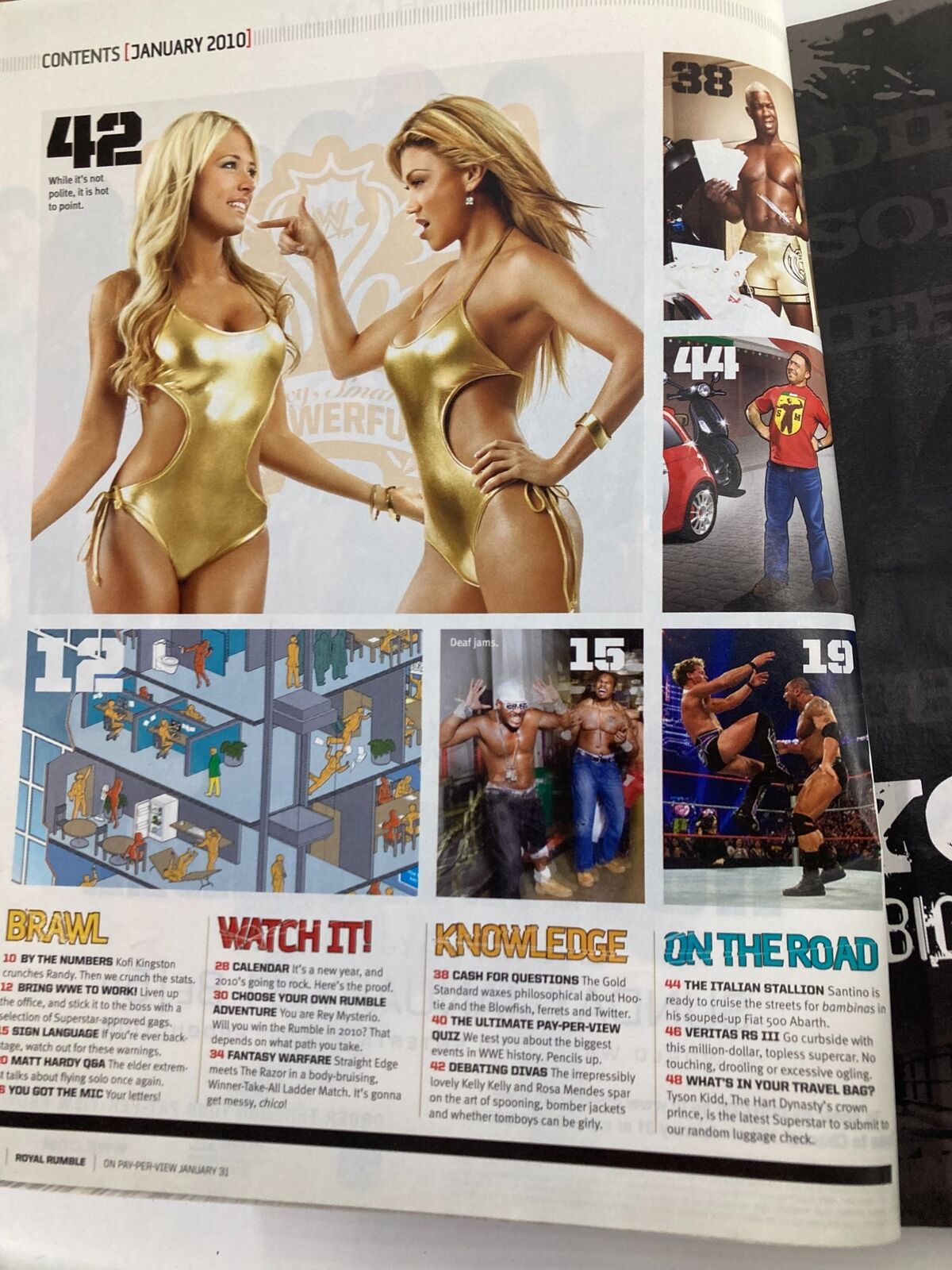 WWE Magazine January 2010 Issue Contents page displaying sections including Brawl, Watch It, Knowledge, and On the Road with eye-catching imagery.