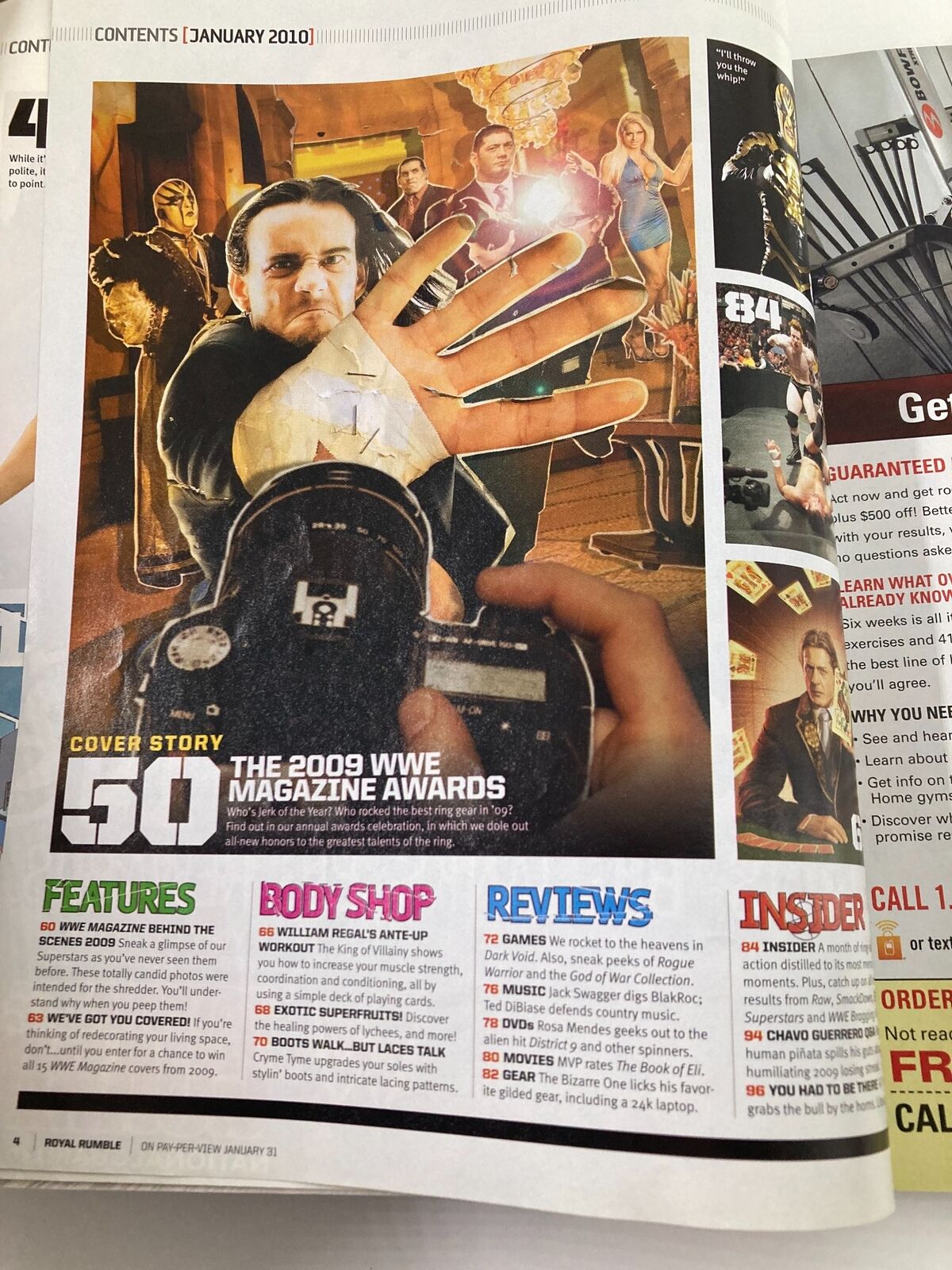 WWE Magazine January 2010 Issue cover story page featuring a detailed look at the 2009 WWE Magazine Awards with dynamic artwork.