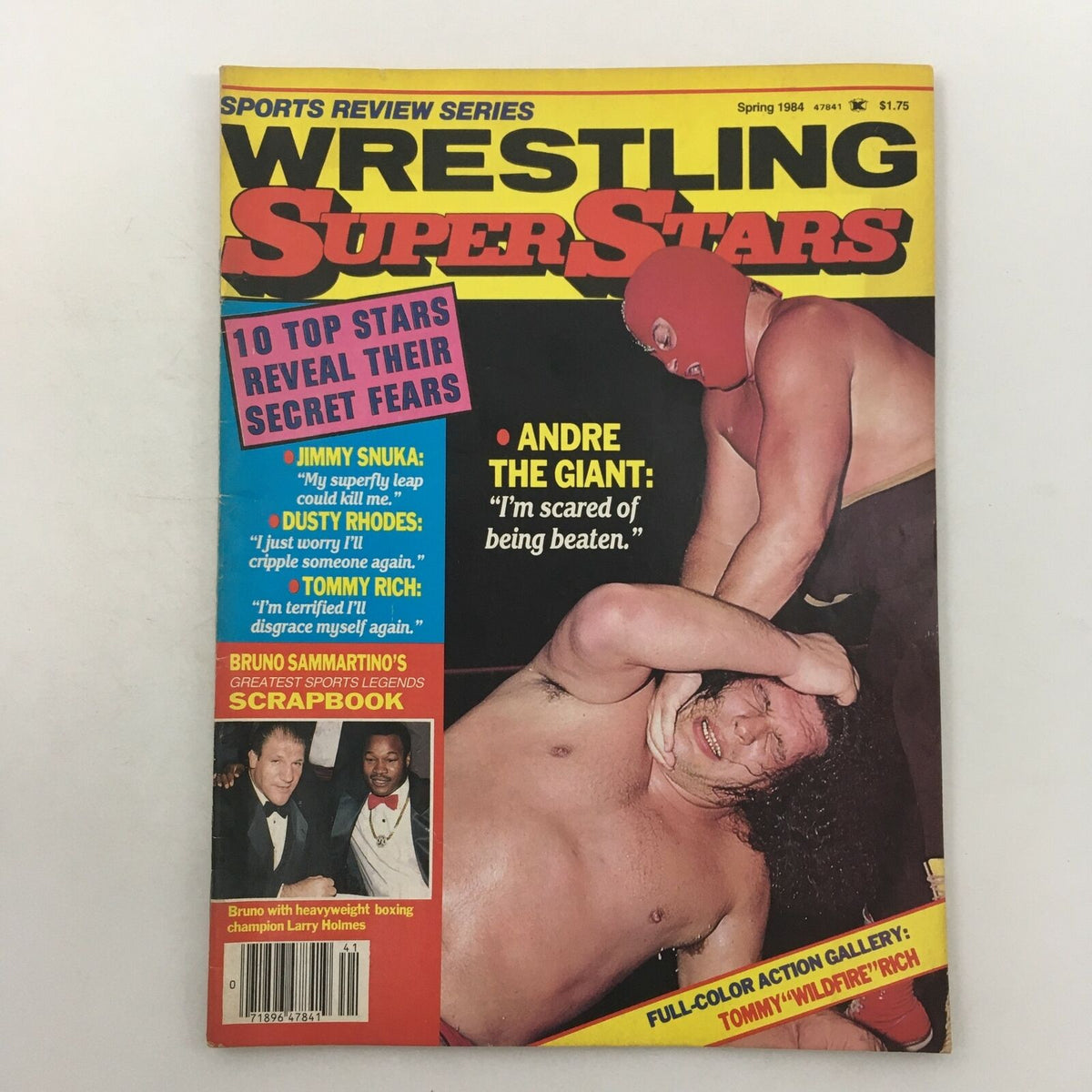 Wrestling Superstars Magazine Spring 1984 cover featuring Andre The Giant and Tommy Wildfire Rich in action, showcasing the excitement of 1980s wrestling.