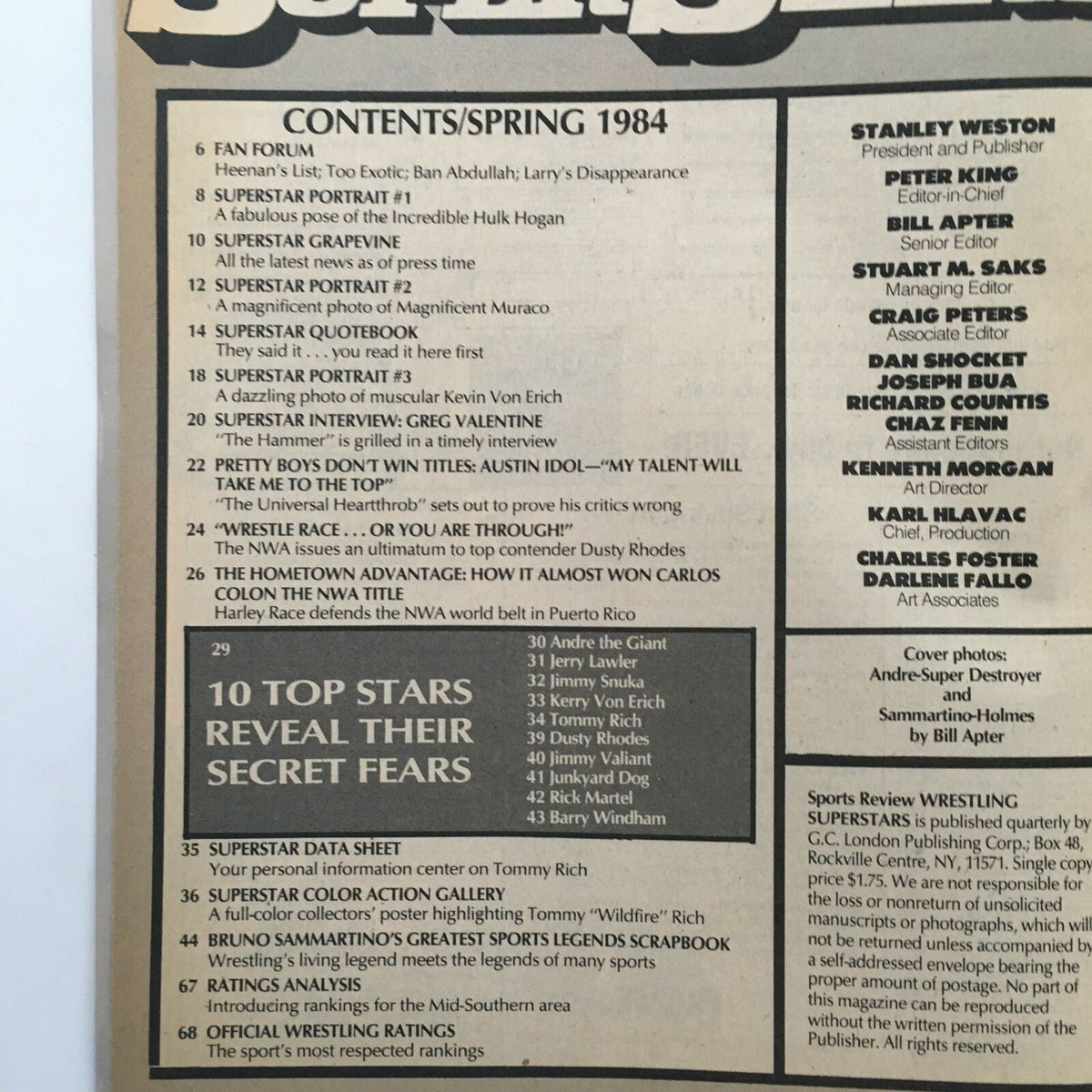 Table of contents page from Wrestling Superstars Magazine Spring 1984, outlining key features and wrestler profiles, including Andre The Giant and Tommy Wildfire Rich.