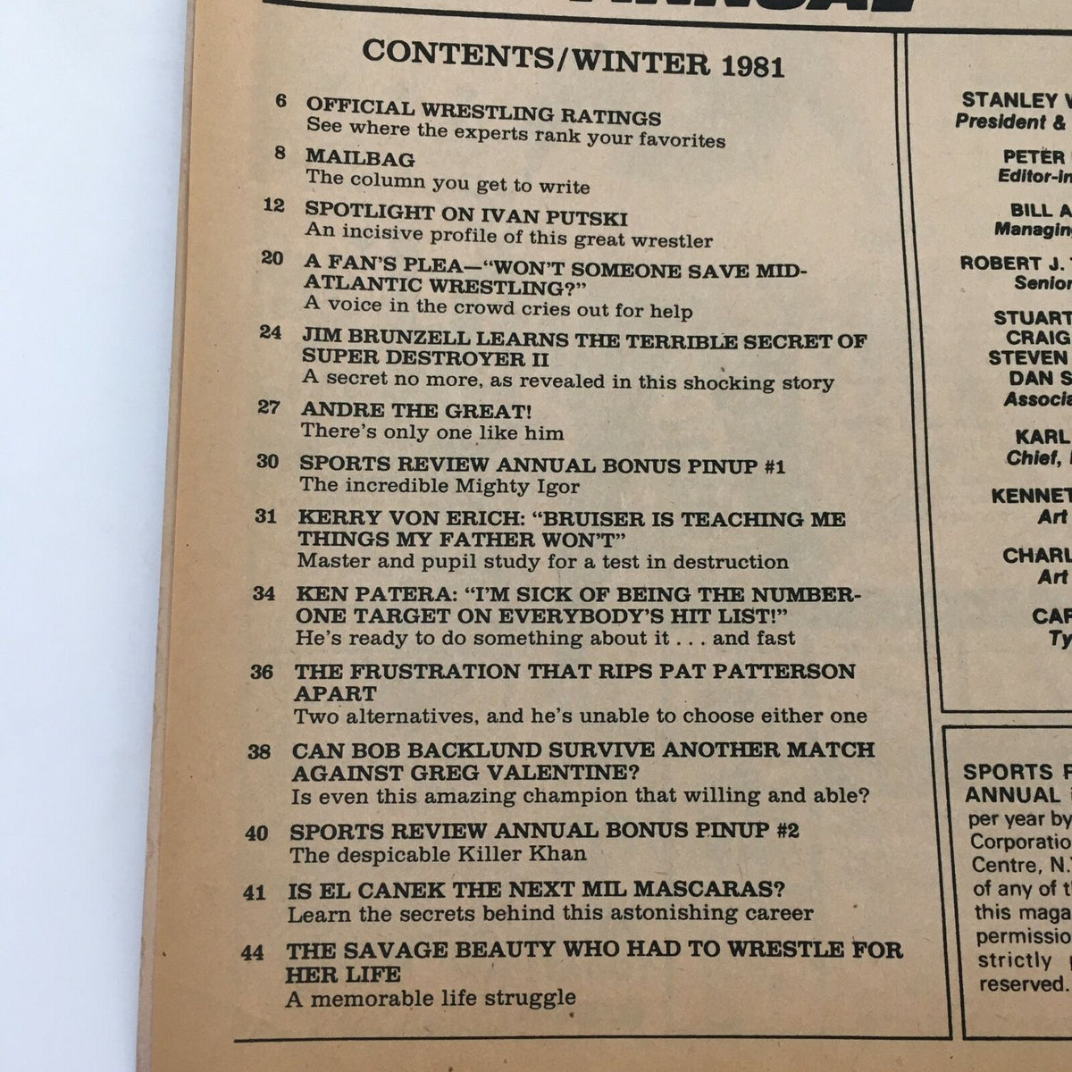 Table of contents page from Sports Review Wrestling Magazine Winter 1981, outlining articles including Ken Patera and Kerry Von Erich's features, wrestling ratings, and other wrestling-related insights.
