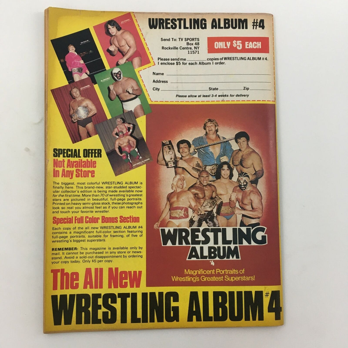 Cover of Wrestling Album #4 featuring various wrestlers, highlighting offers and collector details - related to Sports Review Wrestling Magazine Winter 1981: Ken Patera and Kerry Von Erich.