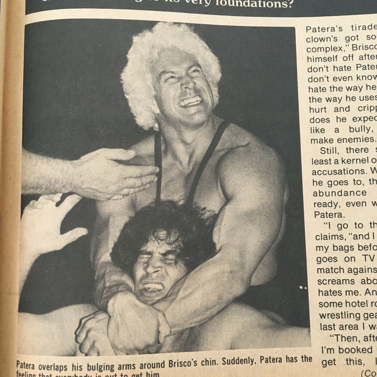 Action shot of Ken Patera grappling with another wrestler, showcasing intense wrestling moments from Sports Review Wrestling Magazine Winter 1981: Ken Patera and Kerry Von Erich.