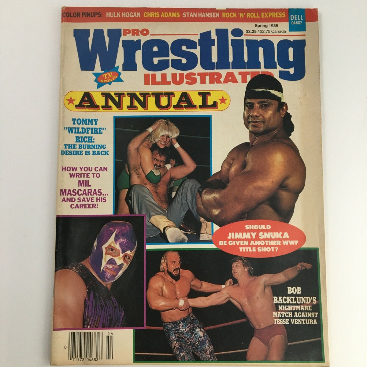 Cover of Pro Wrestling Illustrated Magazine Spring 1985 featuring Mil Mascaras, Tommy Rich, and Jimmy Snuka along with action images of wrestling moves.