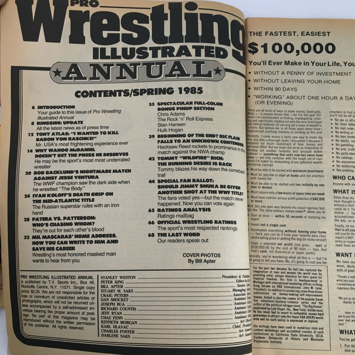 Contents page of Pro Wrestling Illustrated Magazine Spring 1985 highlighting articles and features about wrestlers and matches.