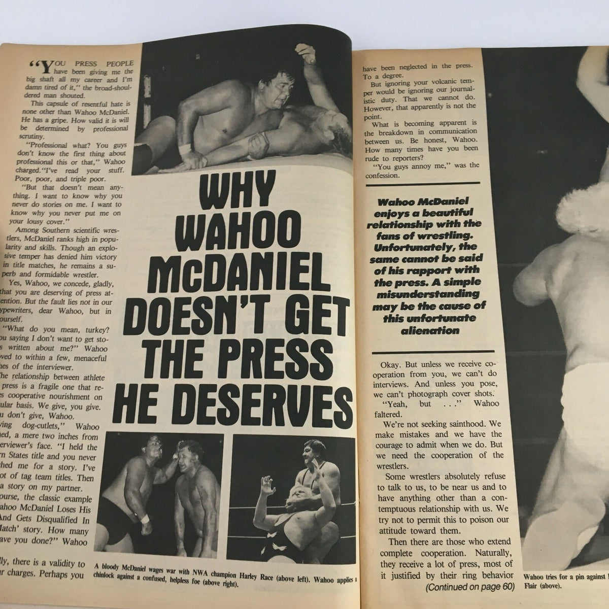 Article spread in Pro Wrestling Illustrated Magazine Spring 1985 discussing why Wahoo McDaniel doesn't receive the press he deserves, with images of wrestling action.