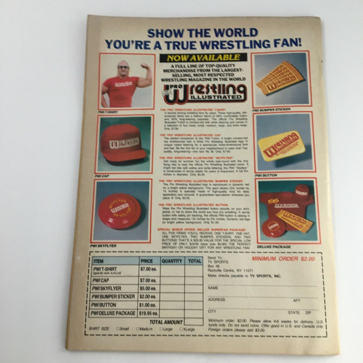 Back cover of Pro Wrestling Illustrated Magazine Spring 1985 displaying available merchandise including T-shirts, caps, and other fan items.