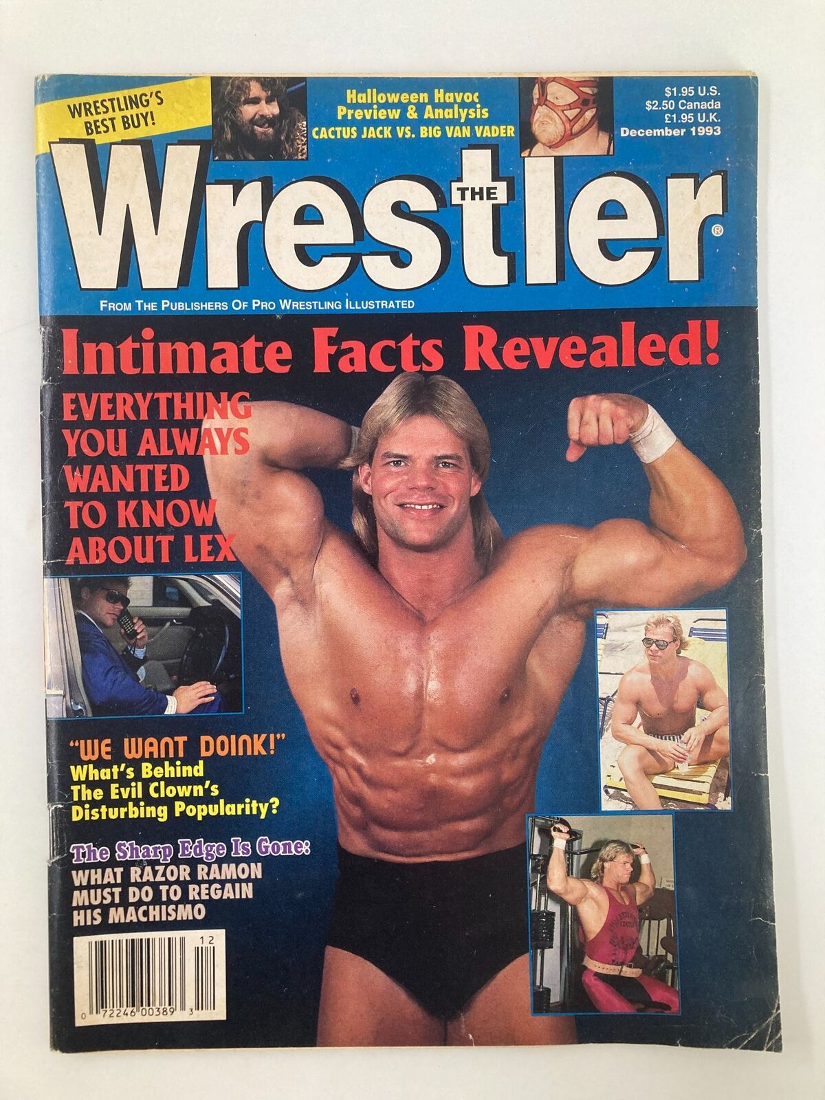 Cover of The Wrestler Magazine December 1993 featuring Lex Luger with a muscular pose, alongside headlines about wrestling personalities and events.