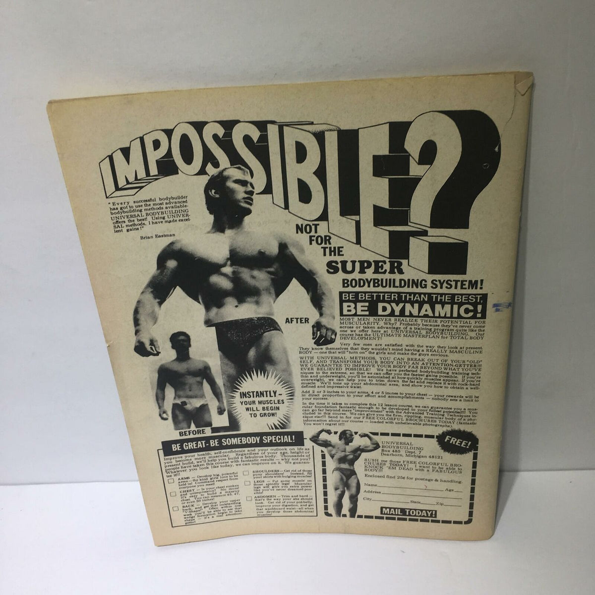 The back cover of The Big Book of Wrestling January 1977 showcasing an advertisement for a bodybuilding program with motivational text and images of before and after results.