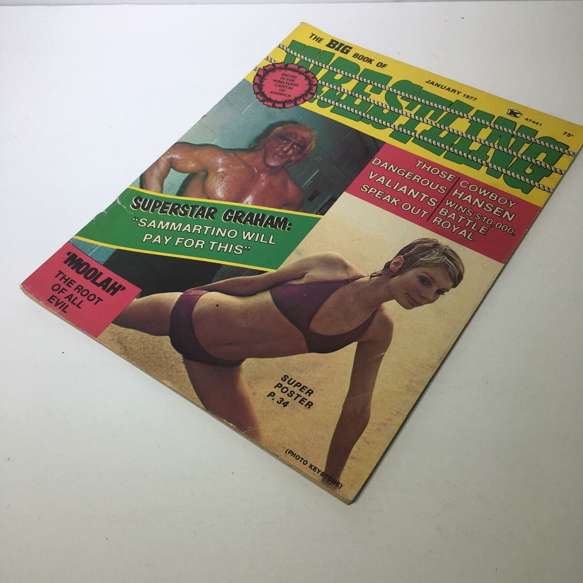 The Big Book of Wrestling January 1977 front cover displaying the magazine's title, images of wrestlers, and 'SUPERSTAR GRAHAM: SAMMARTINO WILL PAY FOR THIS' tagline.