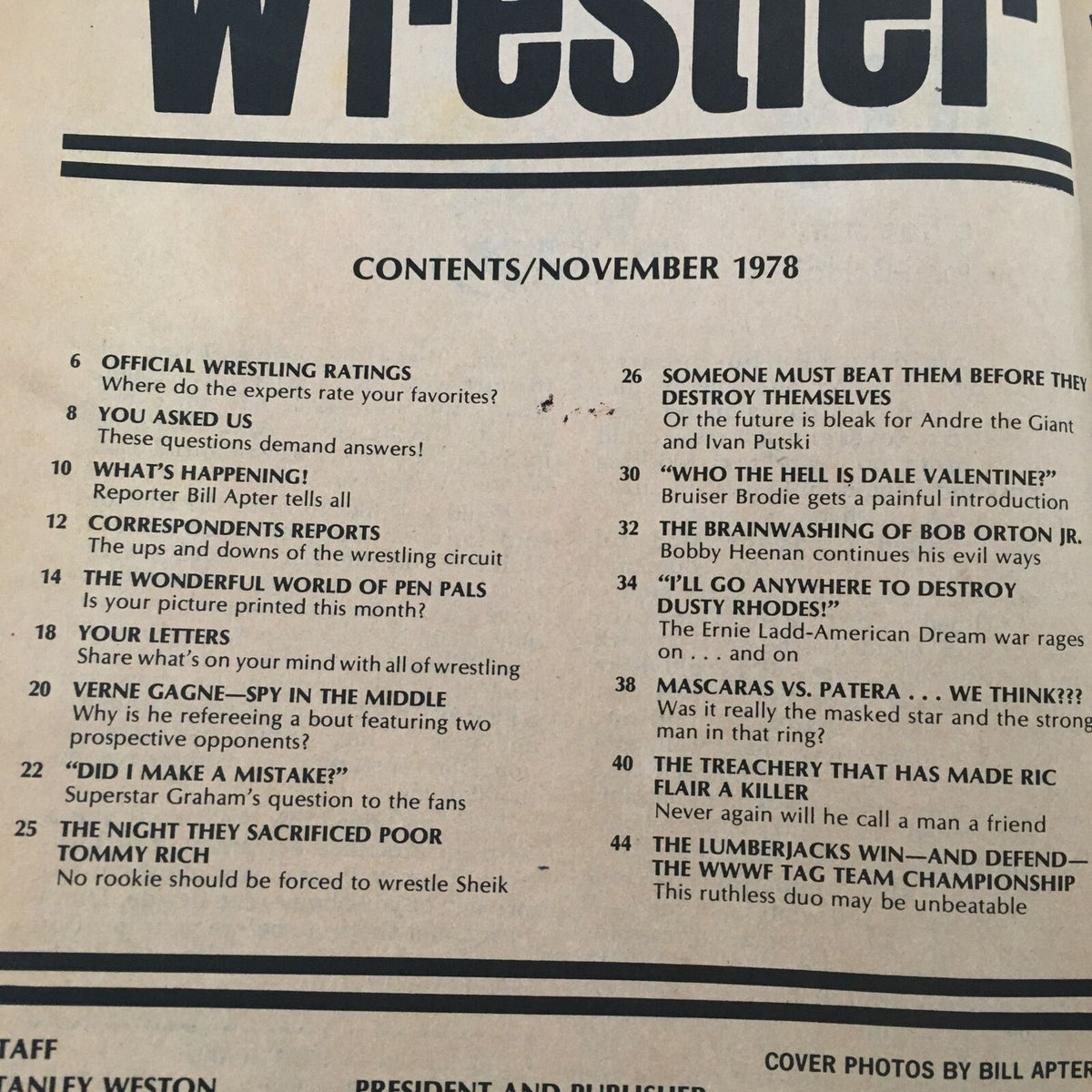 Contents page of The Wrestler Magazine November 1978, detailing articles and features including wrestling ratings and commentary on Andre the Giant and Ivan Putski's tag team.