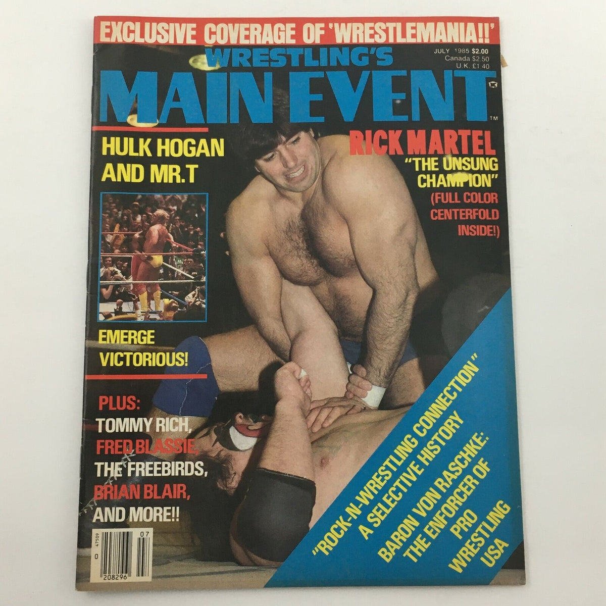 Wrestling's Main Event Magazine July 1985 cover featuring Hulk Hogan and Mr. T with Rick Martel, showcasing vintage wrestling culture and iconic figures.