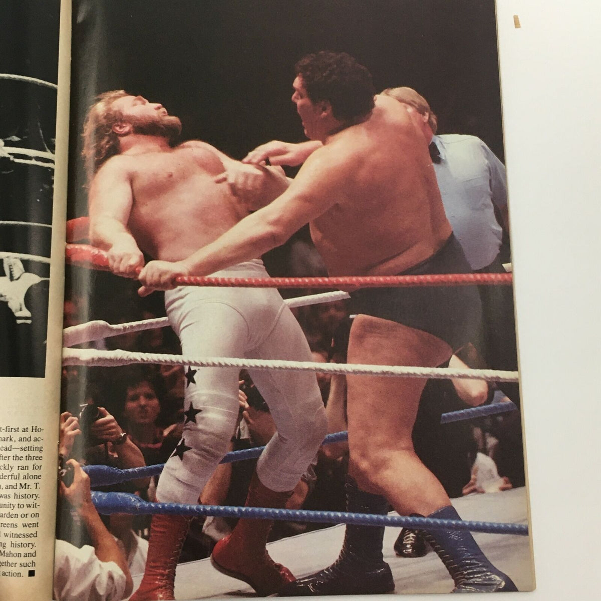 July 1985 Wrestling's Main Event Magazine featuring a wrestling match with two grapplers in action, highlighting the intense competition of the era.