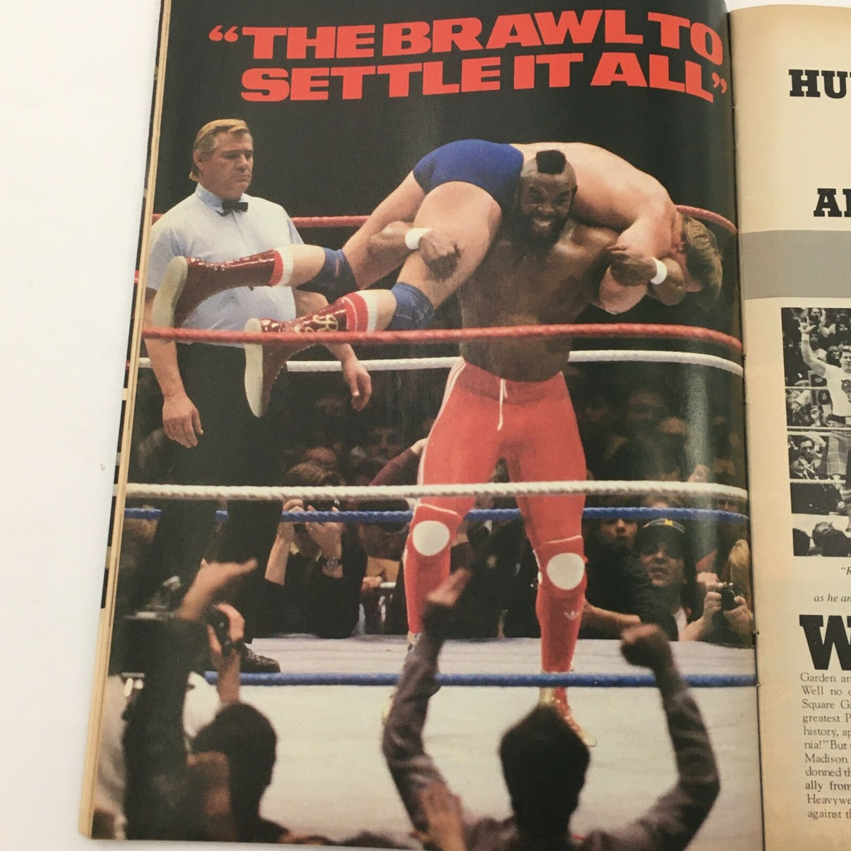 July 1985 Wrestling's Main Event Magazine showcasing Mr. T lifting an opponent in a dramatic wrestling moment, capturing the excitement of WWE wrestling.
