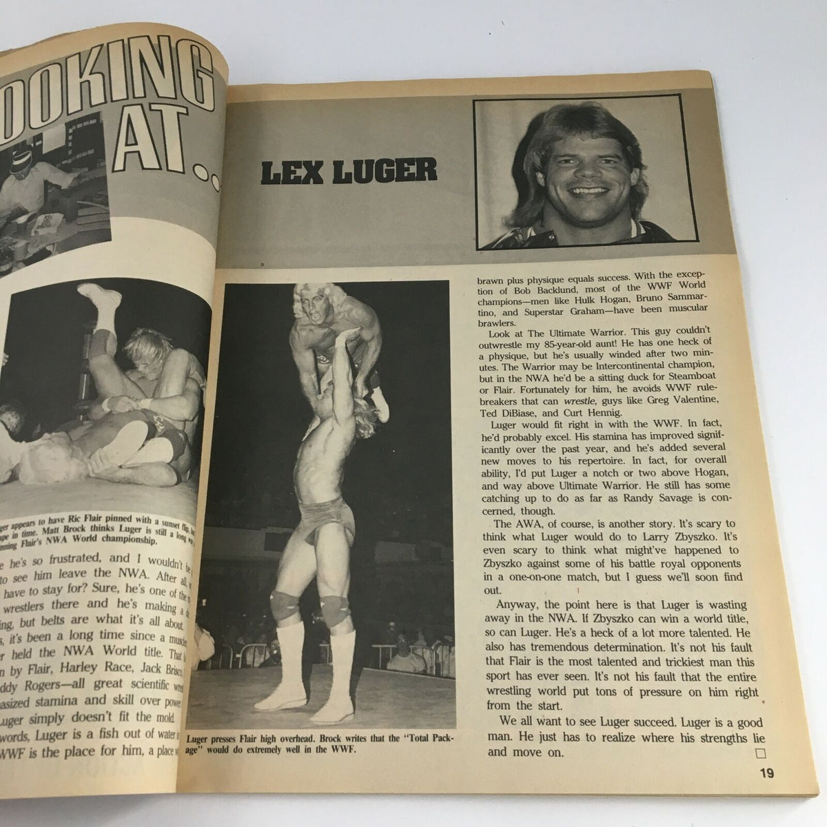 Page from Pro Wrestling Illustrated Magazine June 1989 featuring a segment on Lex Luger, including images of Luger and Ric Flair illustrating wrestling dynamics.