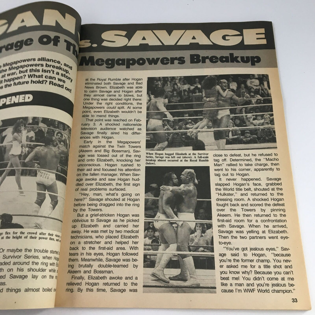 Page from Pro Wrestling Illustrated Magazine June 1989 discussing the Megapowers breakup, showcasing Hulk Hogan and Randy Savage in a pivotal wrestling moment.