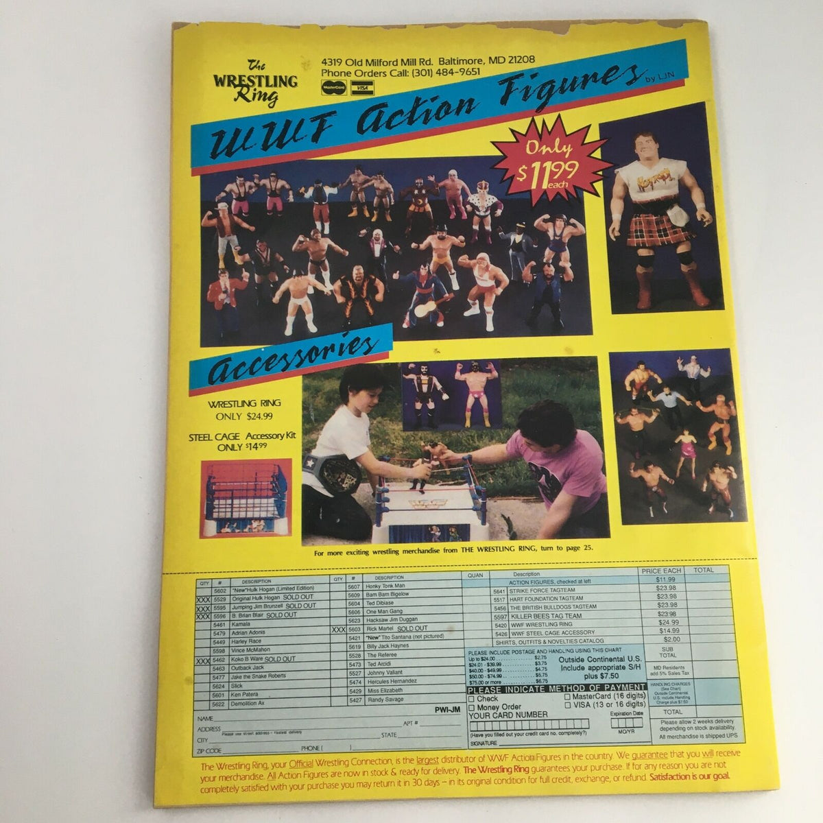 Back cover of Pro Wrestling Illustrated Magazine June 1989 displaying UWF action figures and accessories available for wrestling fans, marketed with promotional pricing.
