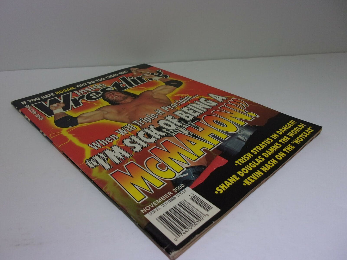Cover of Inside Wrestling Magazine from November 2000, featuring Triple-H with the quote 'I'M SICK OF BEING A MCMAHON!' highlighting wrestling news and events.