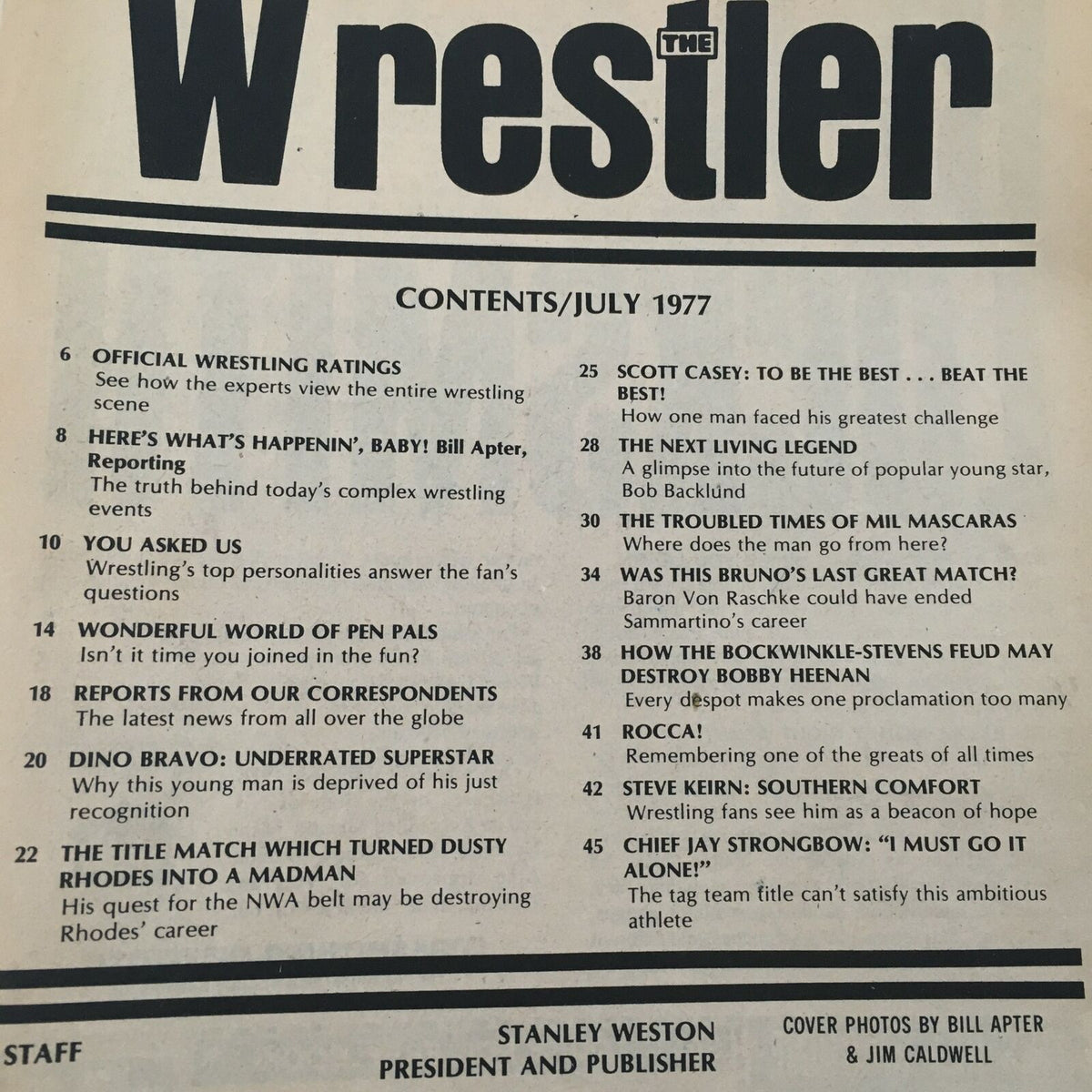 Contents page of The Wrestler Magazine July 1977 featuring topics like official wrestling ratings and articles by Bill Apter. Last Match Bruno Sammartino vs Baron von Raschke highlighted.