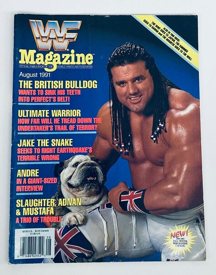 WWF World Wrestling Federation Magazine from August 1991 featuring The British Bulldog, Ultimate Warrior, and Jake the Snake on the cover, showcasing the iconic wrestlers and the vibrant design of early '90s professional wrestling culture.