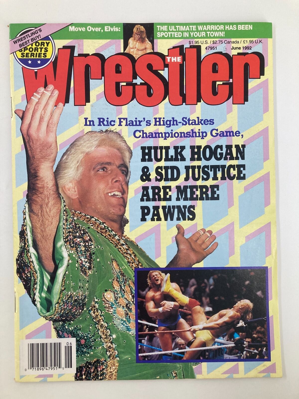 Cover of The Wrestler Magazine June 1992 edition featuring Hulk Hogan and Sid Justice, showcasing the article 'In Ric Flair's High-Stakes Championship Game, Hulk Hogan & Sid Justice Are Mere Pawns'. Vintage wrestling magazine cover with colorful design.