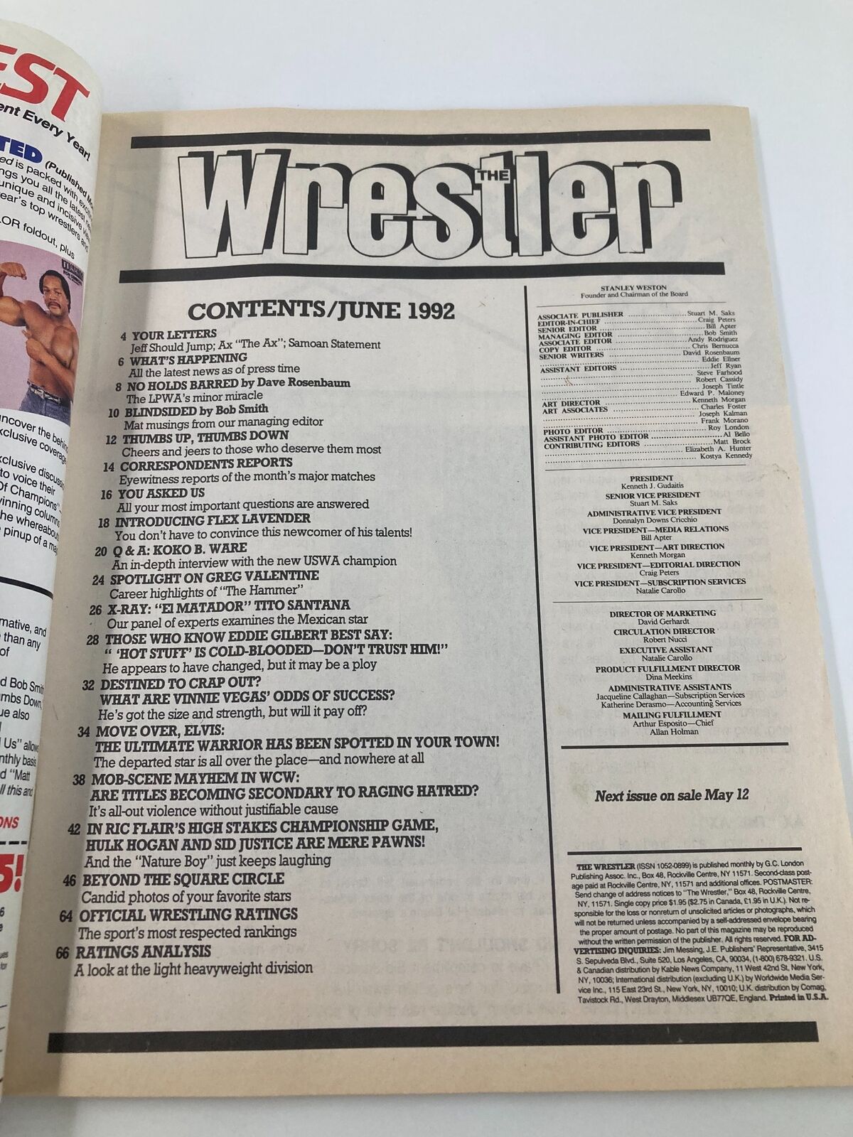 Contents page of The Wrestler Magazine June 1992, highlighting various articles including profiles on wrestling stars and events of the time. Essential information for wrestling fans and collectors.