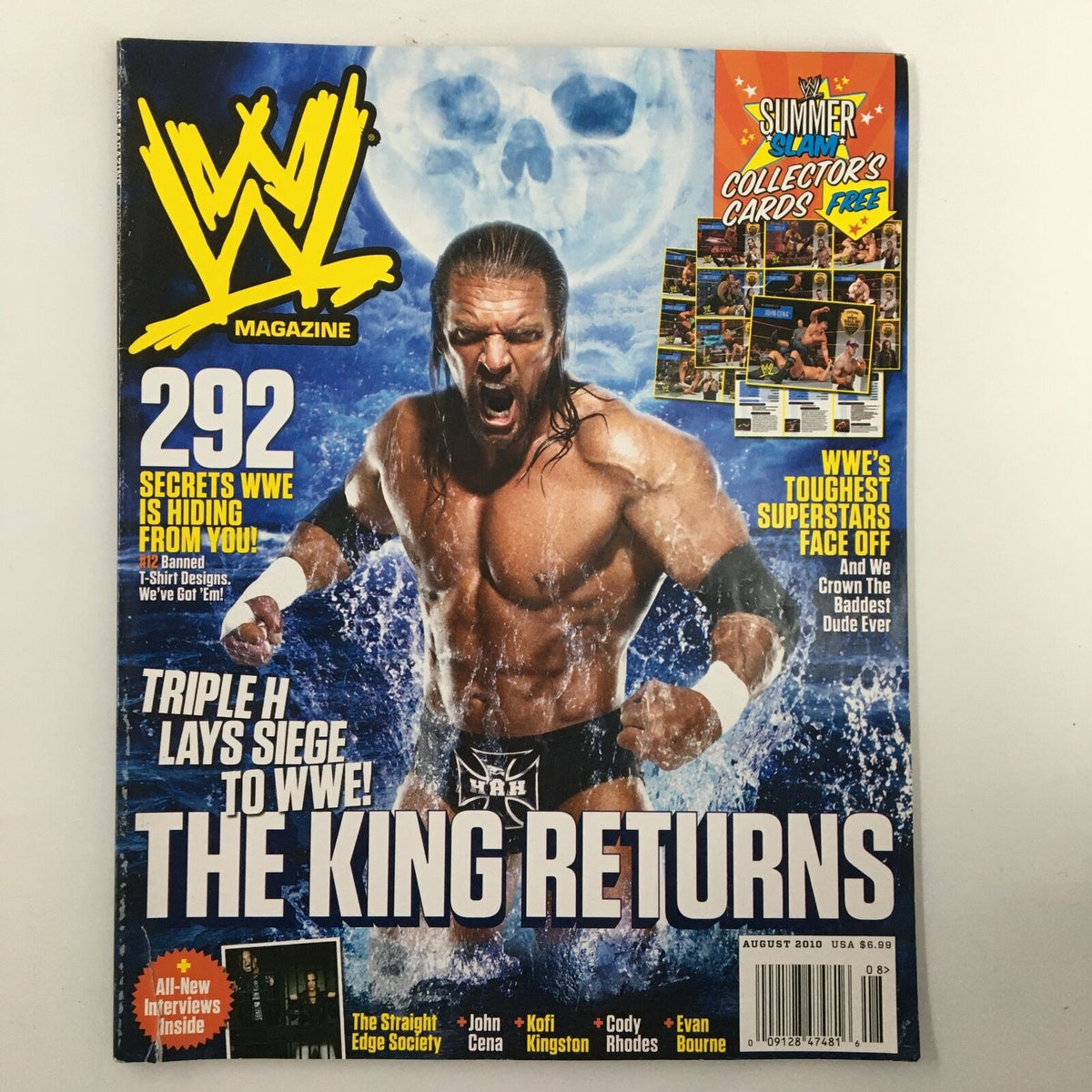 Cover of WWE Magazine August 2010 featuring Triple H, celebrating his return with the headline 'THE KING RETURNS' along with prominent wrestlers like John Cena and Kofi Kingston.