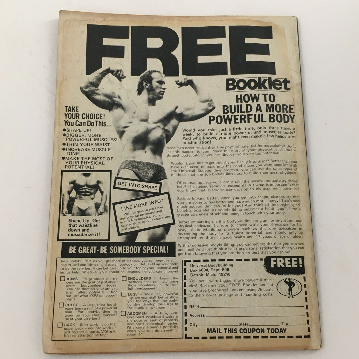 Wrestling Today Magazine January 1981 advertisement for a free bodybuilding booklet, showcasing fitness tips.