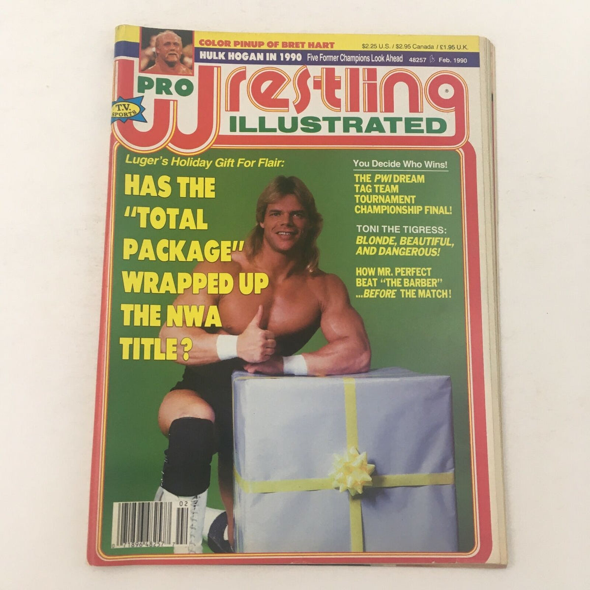 Pro Wrestling Illustrated February 1990 magazine cover featuring Hulk Hogan and Lex Luger. The magazine highlights key wrestling moments and includes a storyline about Lex Luger's challenges in the NWA.