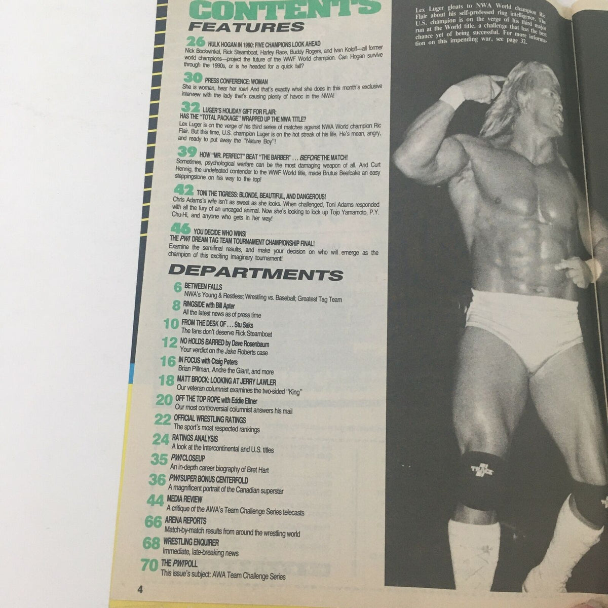 Inside page of Pro Wrestling Illustrated February 1990 displaying the table of contents. Key features include articles on Hulk Hogan, Lex Luger, and wrestling analysis from that era.