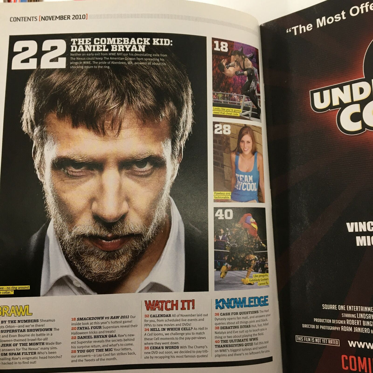 Interior page of WWE Magazine November 2010 showcasing a feature on Daniel Bryan titled 'The Comeback Kid', with text and images highlighting his story and wrestling career.