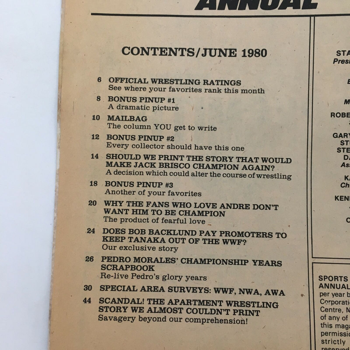 Table of contents from Sports Review Wrestling Magazine Summer 1980, featuring articles and pinups including Pedro Morales' Champ Scrapbook.