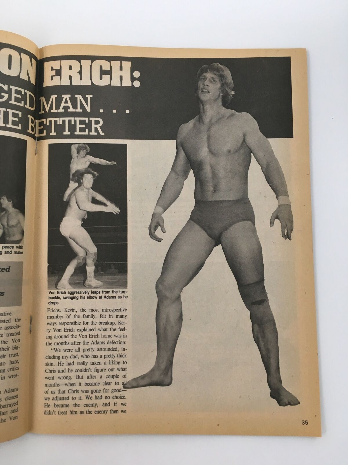 Page featuring Kerry Von Erich in action from the June 1985 issue of Sports Review Wrestling Magazine, showcasing wrestling moves and athleticism, emphasizing his prominent role in professional wrestling history.