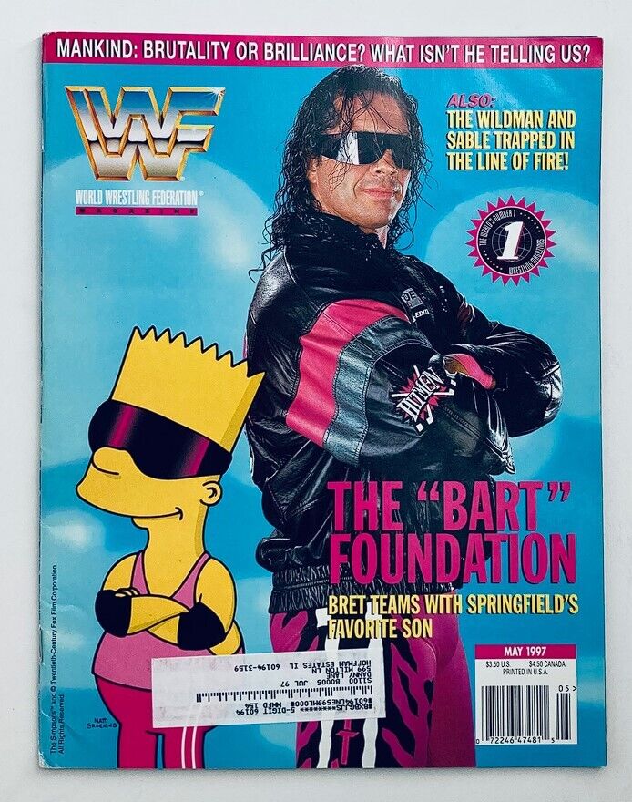 WWF World Wrestling Federation Magazine cover from May 1997 featuring Bret Hart and Bart Simpson, highlighting the collaboration between wrestling and pop culture.