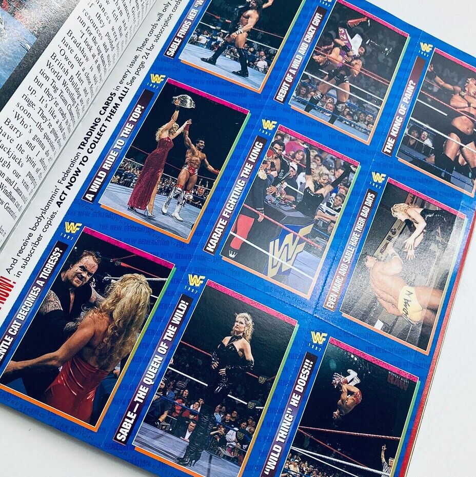 Inside page of WWF World Wrestling Federation Magazine from May 1997 showcasing exclusive trading cards and images of iconic wrestling moments.