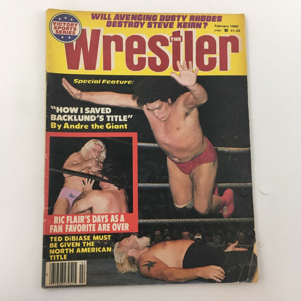 The Wrestler Magazine February 1980 cover featuring Andre The Giant performing a wrestling move, showcasing the special feature by Andre on saving Backlund's title, with a vibrant design reflecting the sports entertainment era.