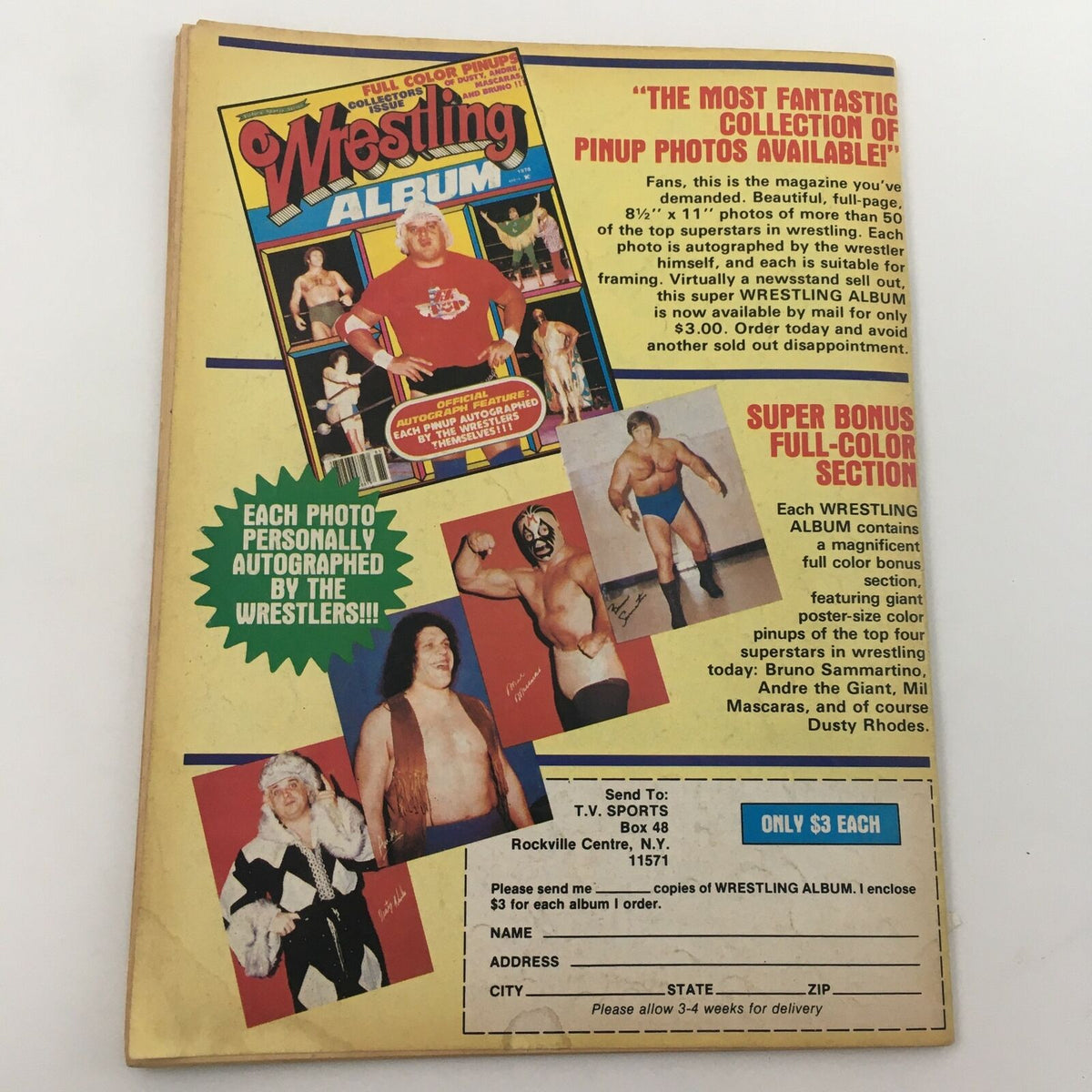 Back cover of The Wrestler Magazine February 1980 promoting the Wrestling Album, showcasing autographed pinup photos of famous wrestlers, enhancing the vintage wrestling memorabilia experience.