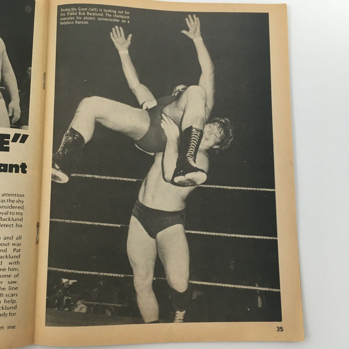 The Wrestler Magazine February 1980 features a classic wrestling moment as Andre the Giant lifts his opponent in an atomic spinebuster move, champion Bob Backlund in the ring, showcasing vintage wrestling action.