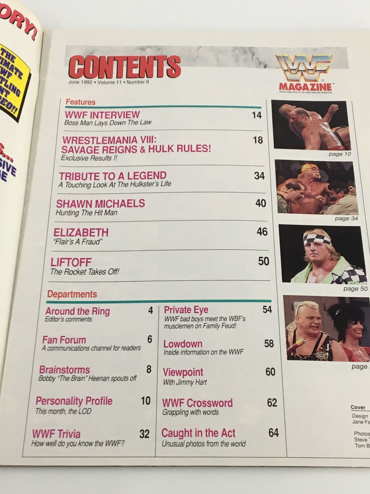 Contents page of the June 1992 WWF Magazine featuring articles on Hulk Hogan, Macho Man, and Miss Elizabeth, along with interviews and wrestling match highlights.