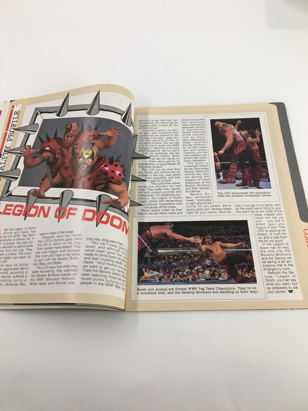 Profile page featuring the Legion of Doom in June 1992 WWF Magazine, showcasing iconic wrestling moments and anecdotes about the tag team.