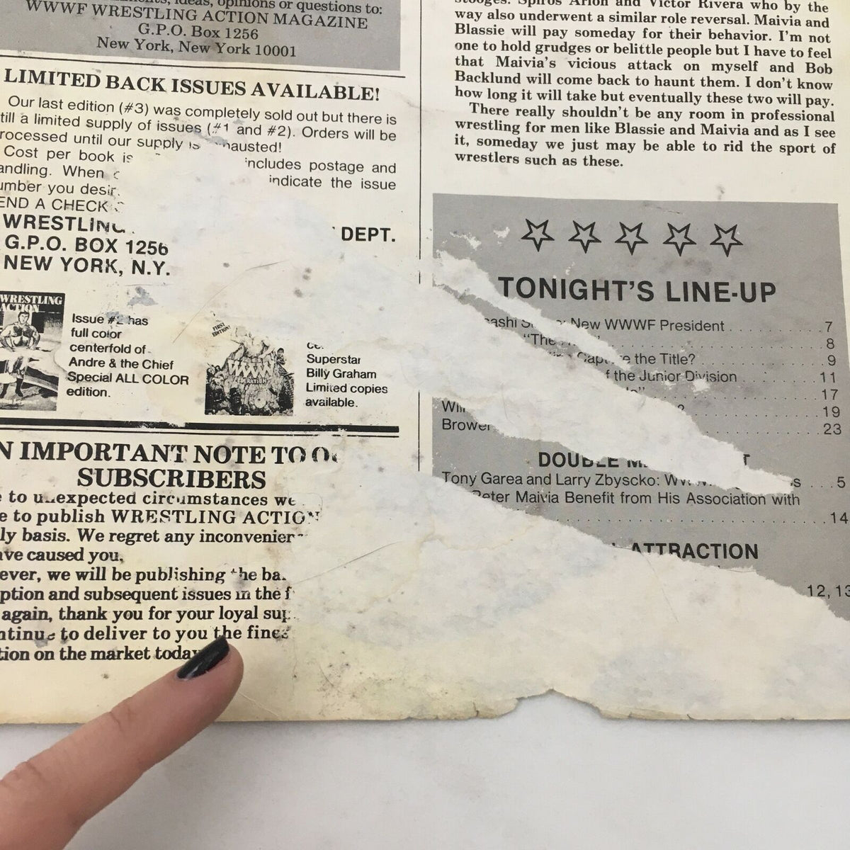 Wrestling Action Magazine Vol 1 #4 - Back cover featuring subscription details and match line-up.