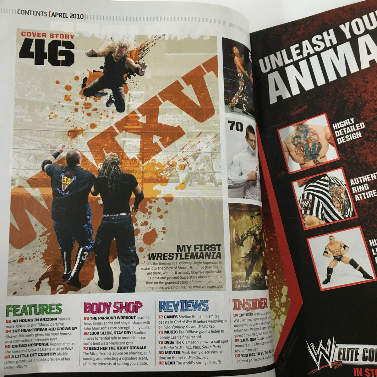 Contents page of WWE Magazine April 2010, featuring highlights from WrestleMania and articles about wrestling legends, including Bret Hart and Randy Orton.