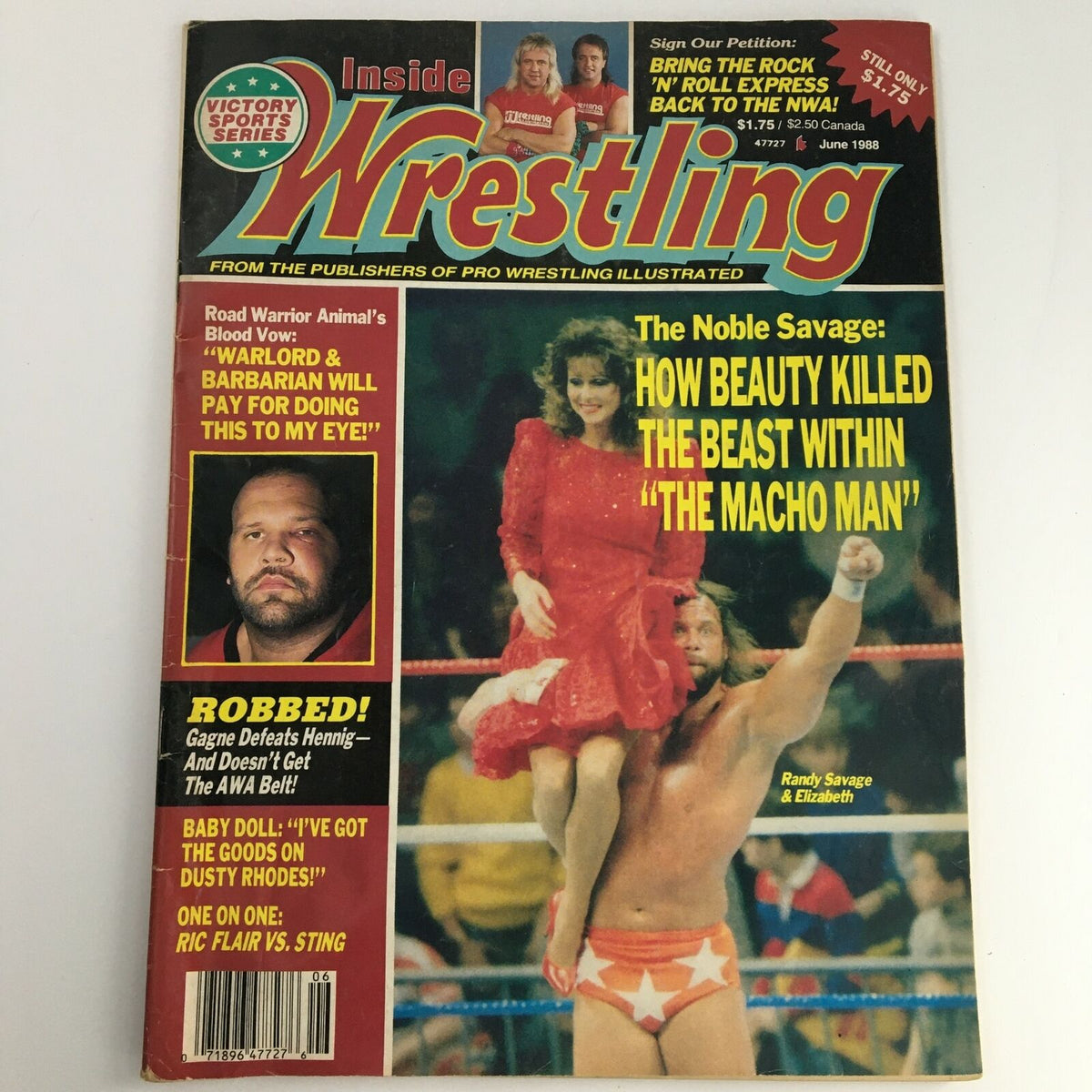 Cover of Inside Wrestling Magazine from June 1988 featuring Randy Savage and Elizabeth, showcasing wrestling culture of the late 80s with highlights on Ric Flair and Sting, making it a valuable collectible for wrestling fans.
