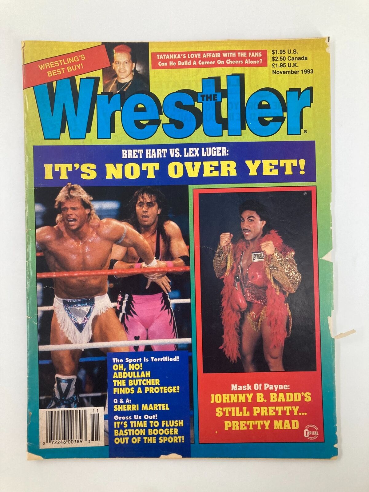 The Wrestler Magazine, November 1993 edition, featuring Bret Hart vs Lex Luger on the cover. Highlights include a brightly colored design with images of wrestlers in action, showcasing the excitement of professional wrestling during the early 90s.