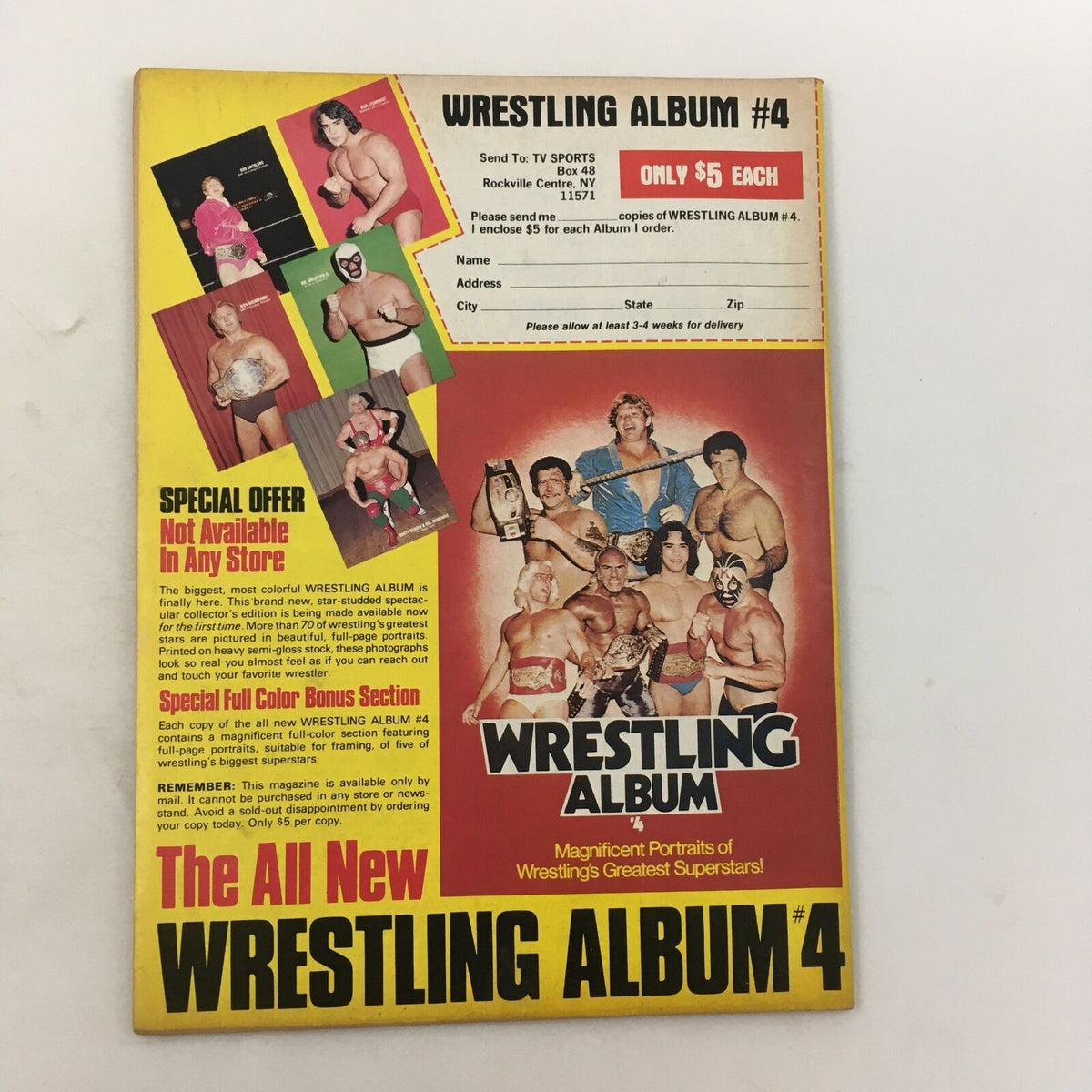 Back cover of The Wrestler Magazine, March 1982, promoting Wrestling Album #4 with images of wrestling superstars and special offers.