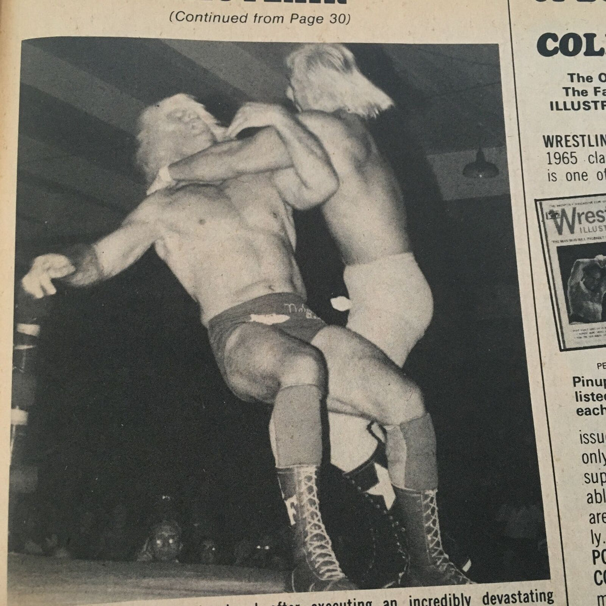 An action shot from The Wrestler Magazine, March 1982, featuring a dramatic moment in a wrestling match, relevant to Ric Flair vs. Austin Idol.